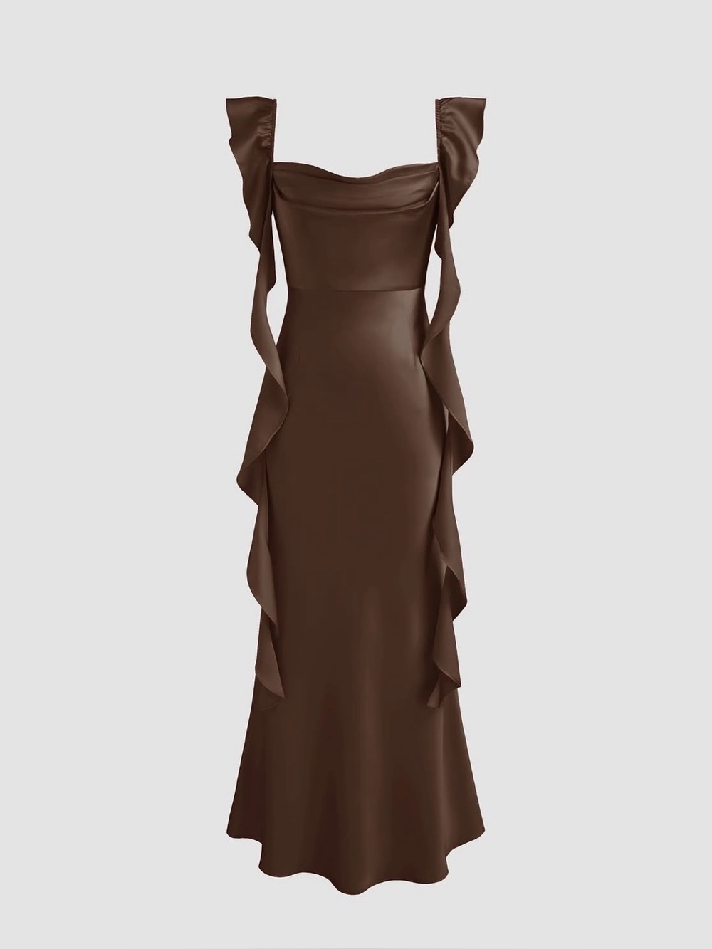 NWT Cider Chocolate Satin Ruffle Maxi Dress in Espresso Brown